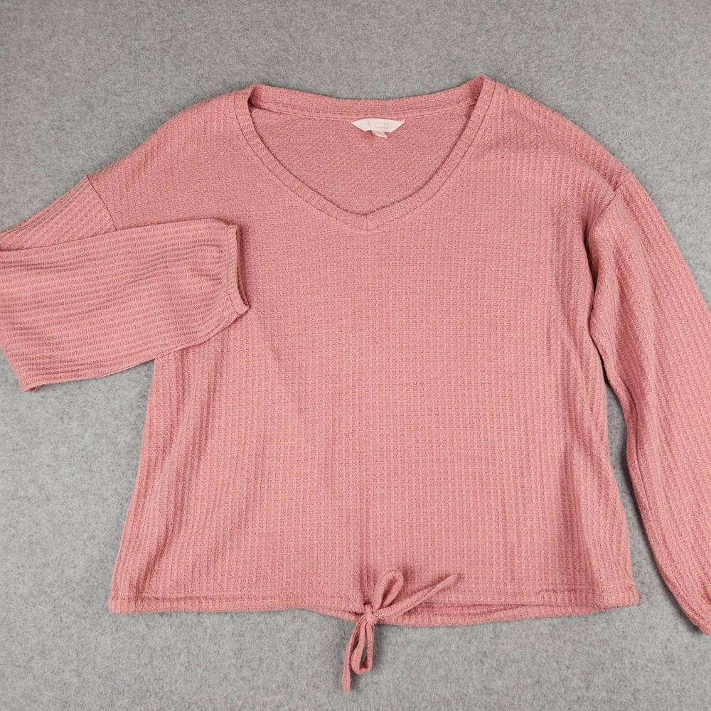 LC Lauren Conrad Pink Waffle Knit Metallic Tie Front‎ V-Neck Top Women's Size L